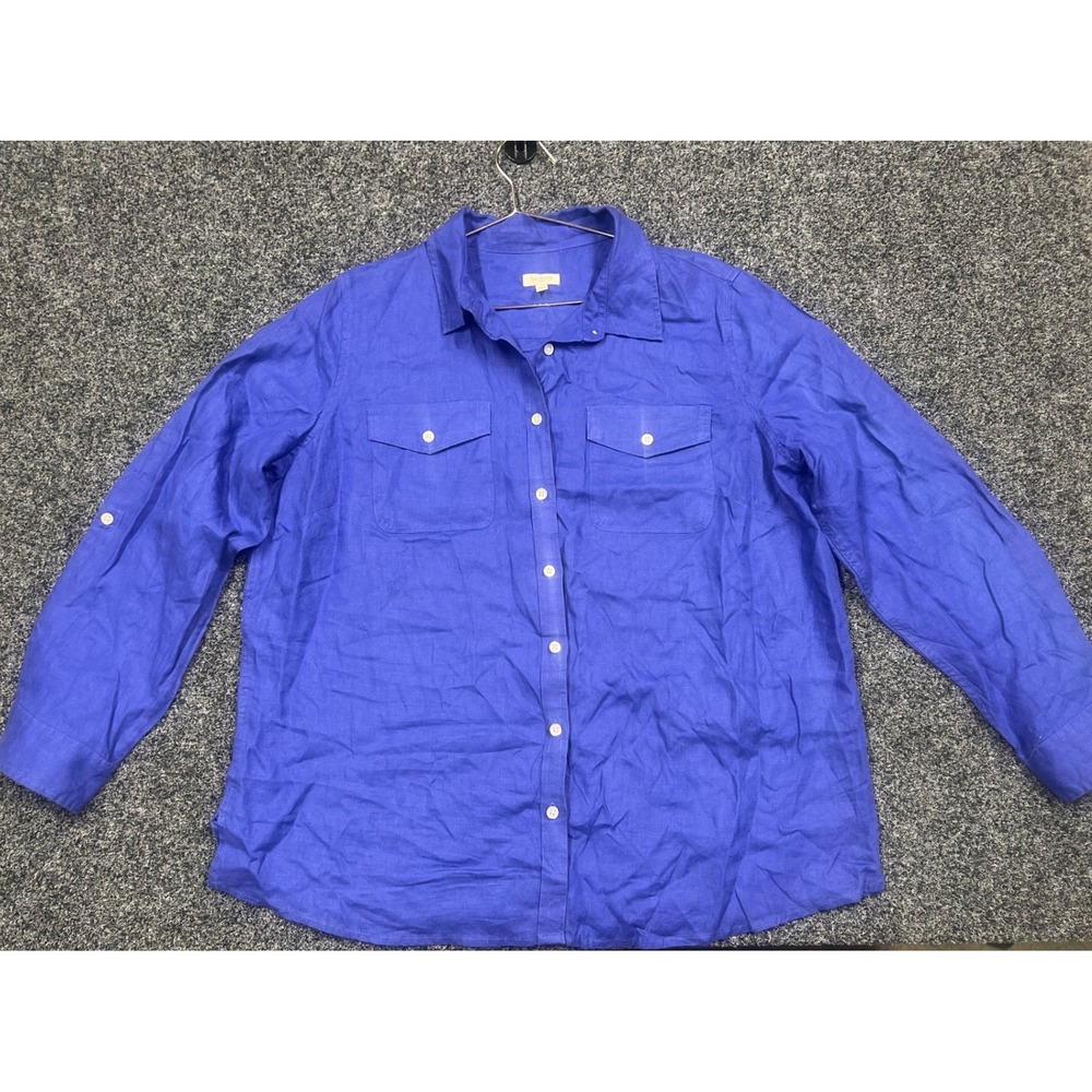 Talbots Shirt Women 1X Blue Linen Button Down Roll Tab Sleeve Classic Coastal